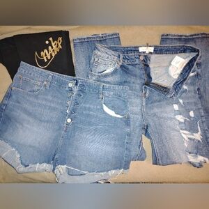 Blue Distressed Denim Shorts and Jeans, With Nike Leggings.